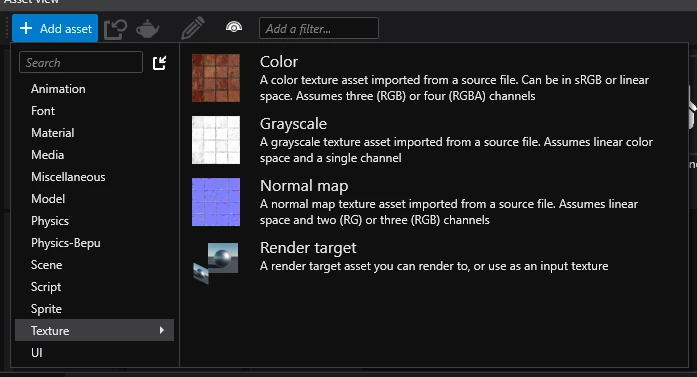 Image of the "Add asset" menu in the asset view.
