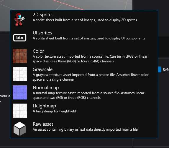 Popup showing a list of assets that can be created from the dragged resource.