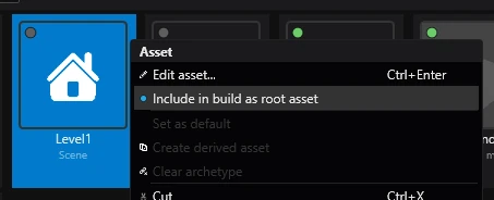 A screenshot of an asset's context menu, highlighting an item "Include in build as root asset".