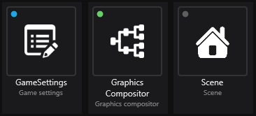 A screenshot of three items in the Asset View, all having a small circle in the top left corner of their icon with one being blue, one green and one gray.