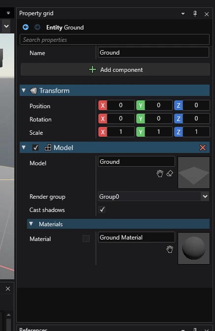 An image showing an entity names "Ground" in the property grid with a single component.
