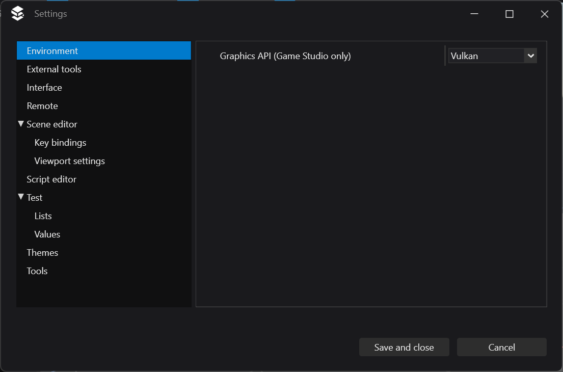 Choosing the Game Studio graphics API in Settings โ Environment