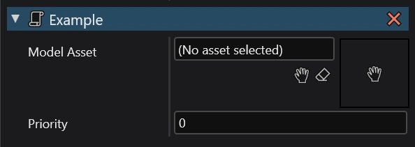 Image of the script in the Property grid showing the property with the text "No asset selected", two icons of a hand and an eraser along with an empty square with a hand icon.
