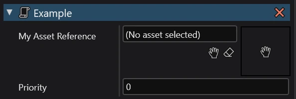 Image of the script in the Property grid showing the property with the text "No asset selected", two icons of a hand and an eraser along with an empty square with a hand icon.