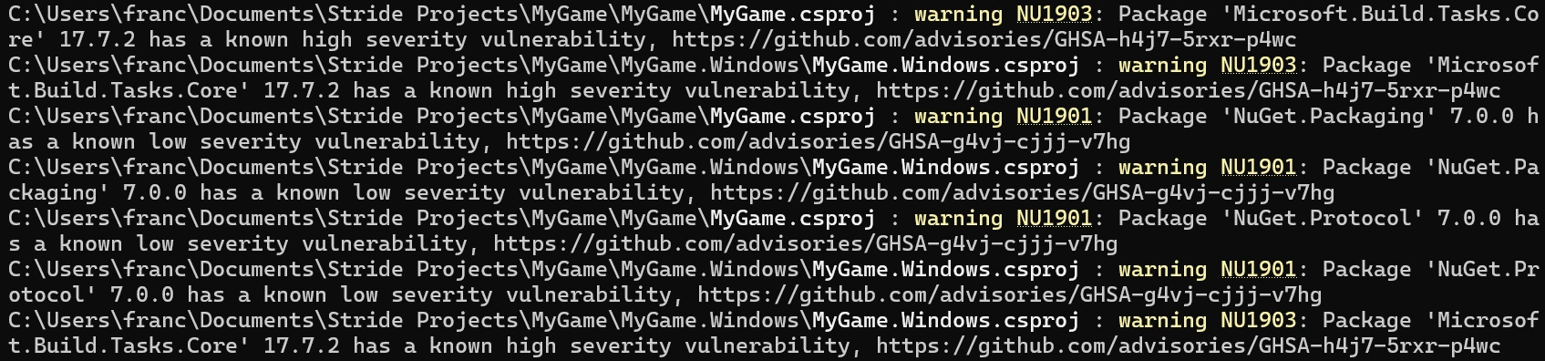 The terminal displaying multiple warnings, saying that a package has a known high severity vulnerability.