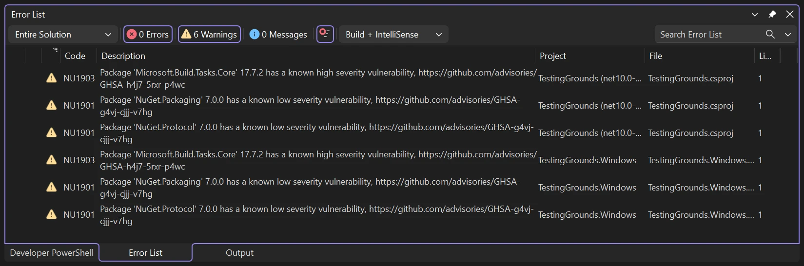 Warnings in the Error List, saying that a package has a known high severity vulnerability.
