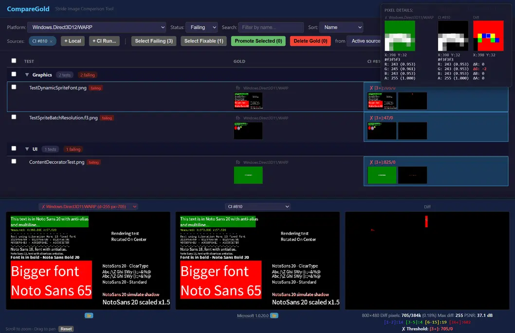 CompareGold reviewing differences between pre-rendered and newly created images.