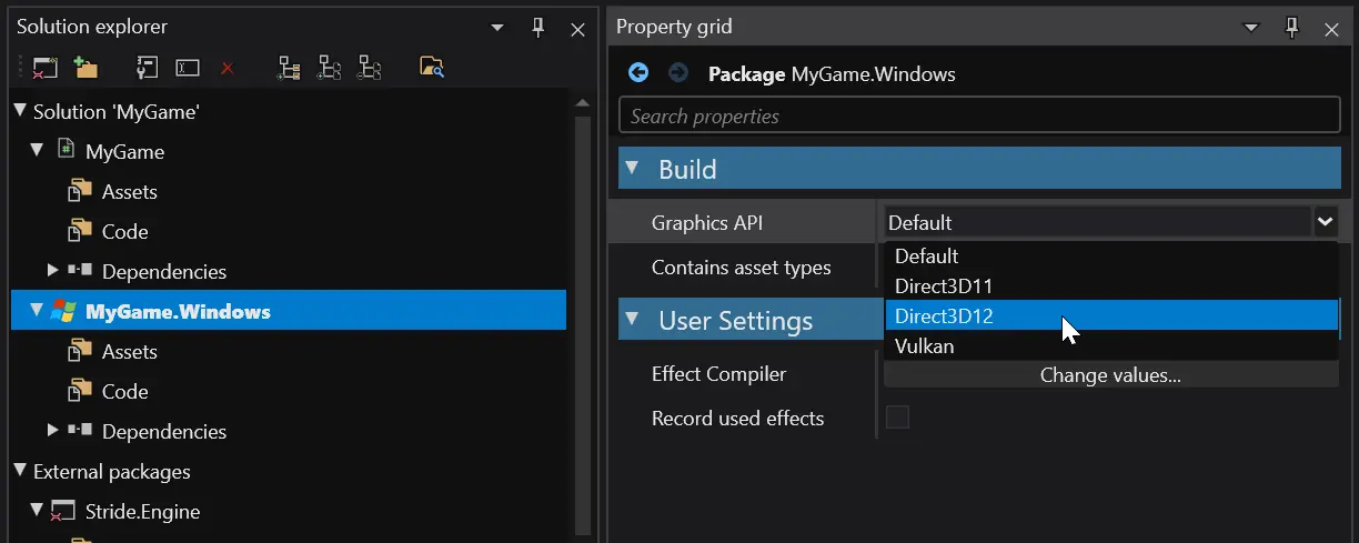 Selecting a Windows project package's graphics API from the Property grid